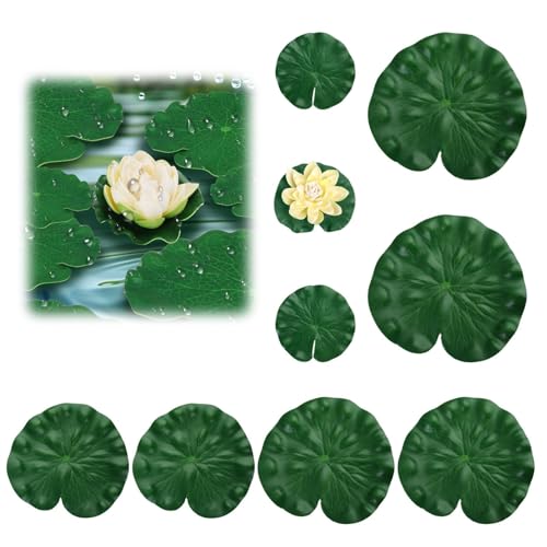 Künstliche Lotusblätter 8 Stück, 1 Lotusblume Schwimmdeko aus EVA-Schaumstoff Für Teich Miniteich Aquarium Gartenbrunnen Hochzeit Wasserdicht farbecht realistisch pflegeleicht wiederverwendbar von unillea