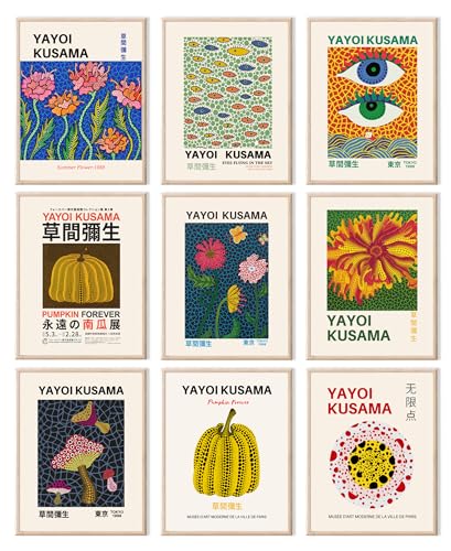 Yayoi Kusama Poster, Vintage-Wandkunstdrucke, Galerie-Ausstellungsposter-Set, japanische Leinwandbilder, ästhetische Wanddekoration für Schlafzimmer, Badezimmer, Wohnzimmer, Flur, ungerahmt 20,3 x von uniro