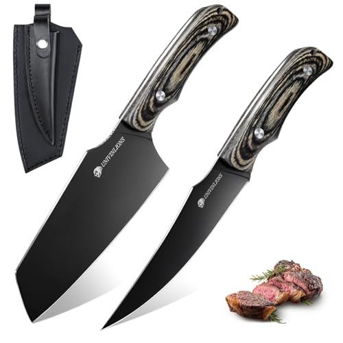 univinlions Messerset 2 PCS,Titanbeschichtetes Hackmesser,Extrem Scharfe Küchenmesser mit Lederscheide,Ausbeinmesser mit Ergonomischer Holzgriff, Profi Kochmesser für Küchen Camping BBQ von univinlions