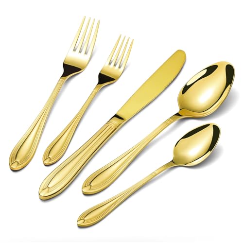 univionlions Besteckset Gold für 4 Personen-20 teilig Essbesteck Set Elegantes Bestecksets mit Gabel Löffel Messer Hochwertiges Poliertes Edelstahl Tafelbestecks für Küche Partys/Restaurant von univinlions