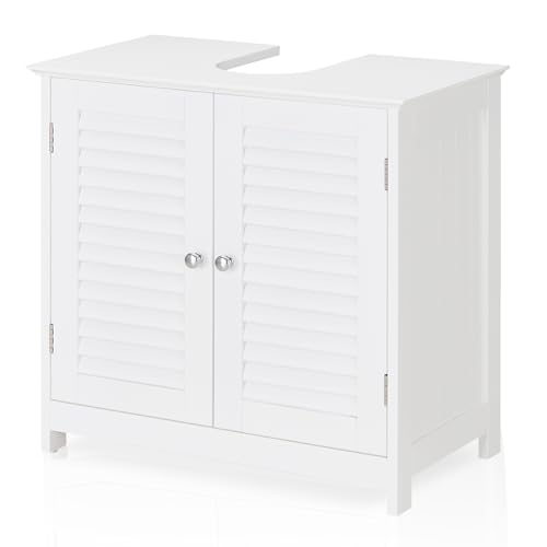 uno genial günstig Waschbeckenunterschrank in weiß aus Holzstoff/Metall, Oberplatte mit Ausschnitt für Abfluss, Badezimmerschrank mit 2 Fächern, Landhausdesign, Türen mit dekorativen Lamellen von uno genial günstig