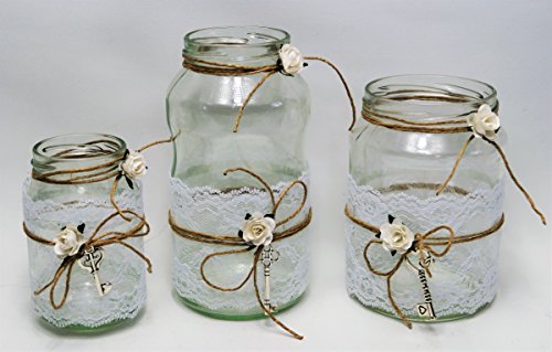 3 Windlichter Vasen Hochzeit Tischdeko Herz Spitze Vintage Taufe Jute Kerzenhalter TD0074 von unser schönster Tag
