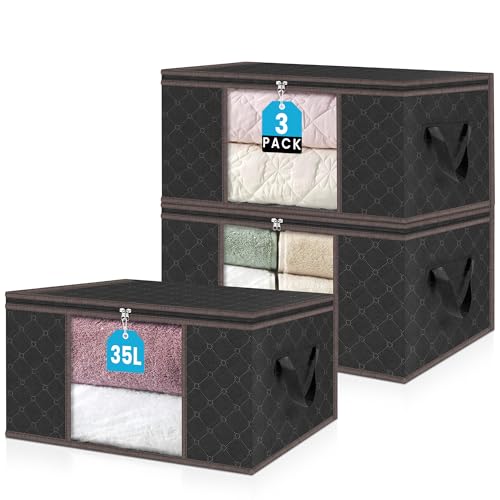 unycos - 3 Stück | 35L Aufbewahrungstasche, Kleideraufbewahrungstaschen, Stoff mit Transparentem Fenster 48x36x20cm, Faltbare, Unterbett-Organizer für Bettdecken, Handtücher (Schwarz/Kaffee) von unycos