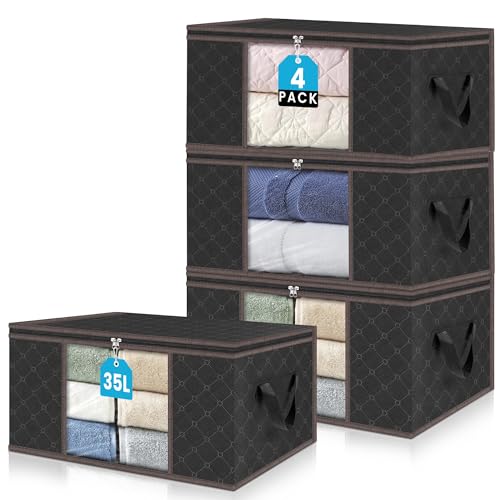 unycos - 4 Stück | 35L Aufbewahrungstasche, Kleideraufbewahrungstaschen, Stoff mit Transparentem Fenster 48x36x20cm, Faltbare Boxen, Unterbett-Organizer für Bettdecken, Handtücher (Schwarz/Kaffee) von unycos