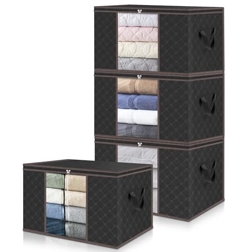 unycos - 4 Stück | 90L Aufbewahrungstasche, Kleideraufbewahrungstaschen, Stoff mit Transparentem Fenster 60x43x35cm, Faltbare, Unterbett-Organizer für Bettdecken/Handtücher (Schwarz/Kaffee) von unycos