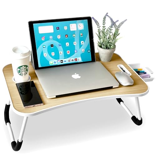 unycos - Betttablett Klappbar, Frühstückstablett mit Griff und Getränkehalter, Serviertisch, Ideal für Lesen und Arbeiten, Auch als Lapdesk Verwendbar 60x40x26 cm (Nussbaum mit Schublade) von unycos