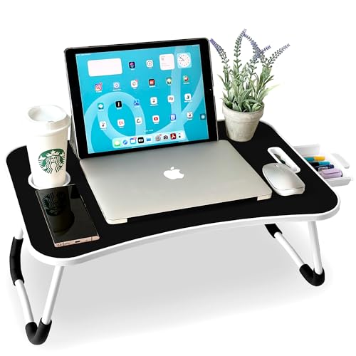 unycos - Betttablett Klappbar, Frühstückstablett mit Griff und Getränkehalter, Serviertisch, Ideal für Lesen und Arbeiten, Auch als Lapdesk Verwendbar 60x40x26 cm (Schwarz mit Schublade) von unycos