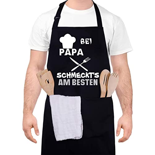 upain Grillschürze -Bei Papa schmeckt`s am besten-Baumwoll Kochschürze für Männer, Schürze Schwarz, Geschenk für Papa, Vater zum Geburtstag Weihnachten von upain