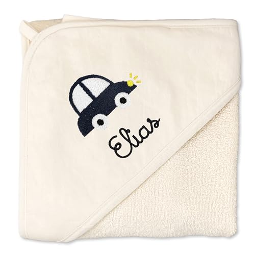 upstitch studio Kapuzenhandtuch (100x100cm) Kind Natur beige für Jungen mit Namen personalisiert Bestickt aus 100% Baumwolle - Babyhandtuch, Badetuch und Kinderhandtuch von upstitch studio