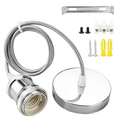 Urcianow Silberne Deckenpendelleuchte mit E27-Fassung und 1M Verstellbarem Silbernem Twist-Kabel passend für Deckenrosetten (Durchmesser: 10cm) Ideal für Deckenbeleuchtung, Bar, Cafe von urcianow