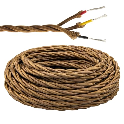 Urcianow Textiles Braunes 3 Adriges Kabel 10 Meter Vintage Lampenkabel Geflochtenes Stoffkabel 3 x 0,75 mm² Stromkabel mit Stoffummantelung für DIY-Projekte von urcianow