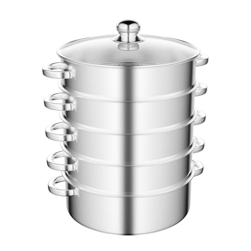 Dampfgarer Topf | 5-lagiger Edelstahl-Dampfgarer (28 cm) für alle Herdarten | Aus med. 304er Edelstahl + Sichtdeckel | Induktionstauglich & Anti-Verbrennungs-Griffe | Platzsparendes Stack-Design von ureggvbu