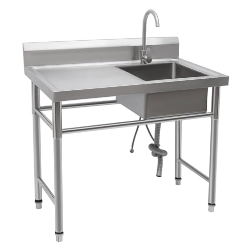 Edelstahl Gewerbliche Freistehend Spüle mit 1 Waschbecken Waschbecken mit Workbench & Wasserhahn Küchenspüle Spültisch Rechts 100x60x93cm Multifunktions Waschtisc von ureggvbu