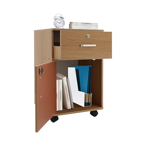 Rollcontainer, Abschließbar, Aktenschrank mit 1 Schubladen, 4 Rollen, Verstellbare Hängestangen, für Hängeregistratur im A4- und Letter-Format, Tintenschwarz 37 * 34 * 59cm (Eiche) von ureggvbu