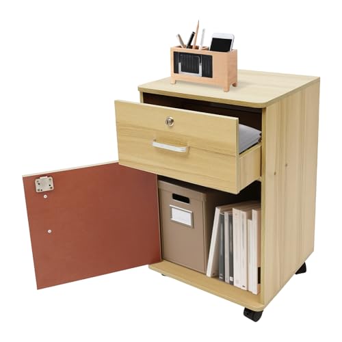 Rollcontainer, Abschließbar, Aktenschrank mit 1 Schubladen, 4 Rollen, Verstellbare Hängestangen, für Hängeregistratur im A4- und Letter-Format, Tintenschwarz 37 * 34 * 59cm (Holz) von ureggvbu