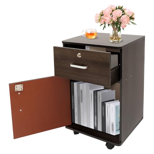 Rollcontainer, Abschließbar, Aktenschrank mit 1 Schubladen, 4 Rollen, Verstellbare Hängestangen, für Hängeregistratur im A4- und Letter-Format, Tintenschwarz 37 * 34 * 59cm (Schwarznuss) von ureggvbu
