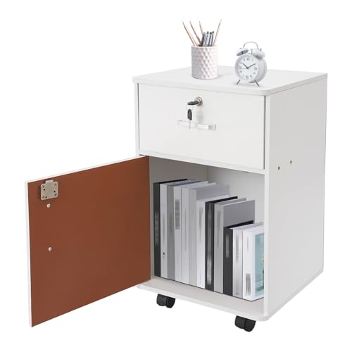 Rollcontainer, Abschließbar, Aktenschrank mit 1 Schubladen, 4 Rollen, Verstellbare Hängestangen, für Hängeregistratur im A4- und Letter-Format, Tintenschwarz 37 * 34 * 59cm (Weiß) von ureggvbu