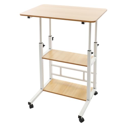ureggvbu 3-stufiger mobiler Schreibtisch 60cm (White Oak) | Verstellbarer Overbed Nachttisch 60-90cm mit Universalrädern & Bremsen – Höhenverstellbarer Computertisch für Bett/Büro von ureggvbu