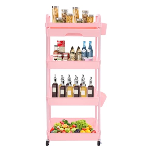 ureggvbu 4-StufigerTrolley with Wheels Bookshelf Bathroom Shelf Mobile Storage Shelf Organiser Movable Snack Trolley Trolley Organiser für Multi-Purpose Trolley (rosa) von ureggvbu
