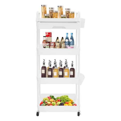 ureggvbu 4-StufigerTrolley with Wheels Bookshelf Bathroom Shelf Mobile Storage Shelf Organiser Movable Snack Trolley Trolley Organiser für Multi-Purpose Trolley (weiß) von ureggvbu