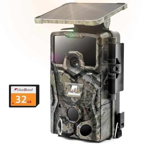 usogood 4K 48MP Solar Wildkamera, Wildtierkamera mit 32 GB Karte, 0,2 Sekunden Auslösezeit Wildtierkamera mit Nachtsicht Bewegungsmelder, Wiederaufladbarer Lithium-Akku, Kein WLAN IP66 Wasserdicht von usogood