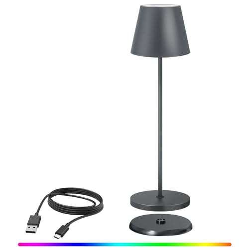 Dimmbare LED Akku Tischleuchte, Indoor & Outdoor Wiederaufladbar Tischlampe Kabellos mit USB Ladestation,Warme Lichtfarbe 3000K+RGB 240LM tischleuchte akku für Restaurant Garten (A-Grau) von uuffoo