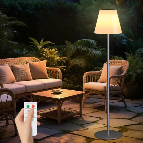 Solare Outdoor-Stehlampe Höhenverstellbar - USB-Schnellladefähig Kabellos, Dimnbar mit RGB & Warmweiß LED für Garten Terrasse Biergarten, 150 cm Grau mit Massivem Rundfuß von uuffoo