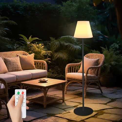 Solare Outdoor-Stehlampe Höhenverstellbar - USB-Schnellladefähig Kabellos, Dimnbar mit RGB & Warmweiß LED für Garten Terrasse Biergarten, 150 cm Schwarz mit Massivem Rundfuß von uuffoo