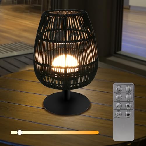 Tischlampe outdoor IP44 Wasserdicht, Tischlampe Kabellos mit Warmweiße und gelbe LED, USB-Ladung Rattan led tischlampe, Fernsteuerung and Zeitschaltuhr für Haus Garten Hotel Balkon Esstisch von uuffoo