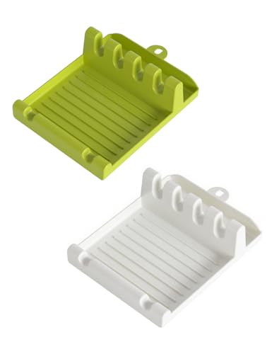 uvbws Utensilienablage für Herdplatte, Pfannenwender/Schöpflöffel/Löffelablage mit Abtropfpad und Topfdeckelhalter für Küche, Multifunktions-Küchenspatelregal mit Deckelhalter (grün + weiß), 2 Stück von uvbws