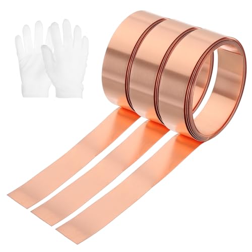 uxcell 3 Rollen Kupferblechrolle, 1000 x 10 x 0,15 mm 99,9% reiner Kupferstreifen mit weißen Baumwollhandschuhen, blinkende Metallfolienplatte für Basteln, Elektrizität, DIY-Projekt von uxcell