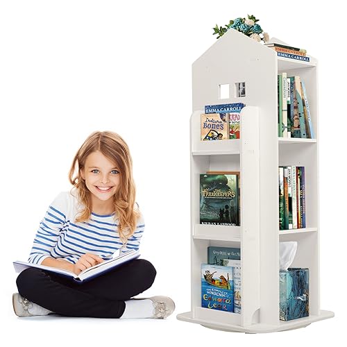 uyoyous 3-stufiges Drehbares Bücherregal Kinder Standregal Drehregal Weiß Drehbar Buchregal Boden Regal Kinderbuchregal für Schlafzimmer Wohnzimmer Arbeitszimmer, 40x40x95cm von uyoyous