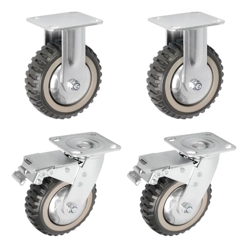 uyoyous 4PCS Schwerlastrollen 150mm Transportrollen Möbelrollen 2 Vollgummi Rollen mit Bremse 360°Grad drehbar, 2 Bockrollen,Traglast 800KG,Doppelkugellager für Innen & Außen Werkbank von uyoyous