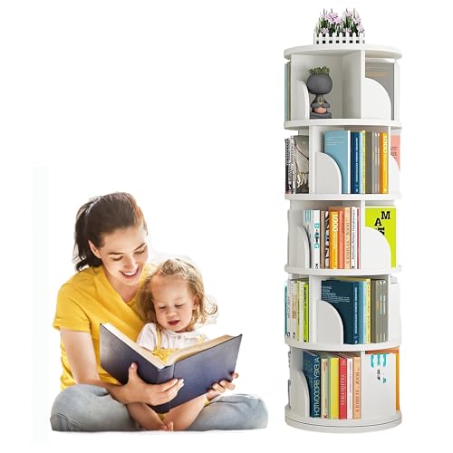 uyoyous 5-stufiges Drehbares Bücherregal Standregal Drehregal Weiß Drehbar Hohes Bücherregal Aufbewahrungs-Display Regal Boden Stehend Regale für Haus Wohnzimmer Studie Büro von uyoyous