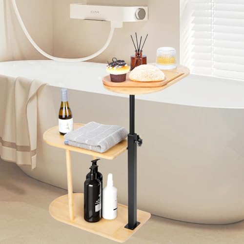 uyoyous 3-Tier freistehende badewannenablage, Höhenverstellbarer Badewanne Beistelltisch, Bathtub Tray mit Handy-Halter und Glashalter für Badezimmer Badewanne, 40X22X82 cm von uyoyous