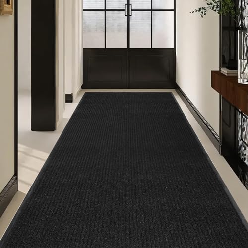 uyoyous Teppich Läufer Flur, rutschfest Schmutzfangmatte Meterware, 90×300 cm Streifenmuster Teppichläufer Küchenteppich, Waschbar Flurteppich für Eingänge, Küche, Wohnzimmer, Korridor-Schwarz von uyoyous