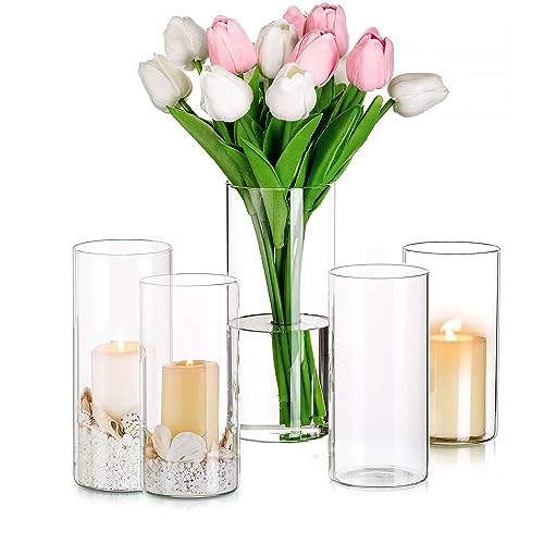 uyoyous Glasvasen Set 15 Stück Zylinder Vase Glas für Tischdeko Vasen Tulpenvase Glasvase Gross Vase Kerzenhalter Glaszylinder Set Hochzeit Blumenvasen Set, 13/15/20cm Hoch von uyoyous