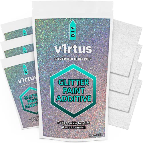 v1rtus Silber Holographisch Glitzerzusatz für Farbe [400g] mit 4x Schwabbelpads zum Streichen von Glitzerwänden - Zu Emulsionsfarbe, Innen oder Außen hinzufügen für Einfache Glitzerwände, Decke von v1rtus