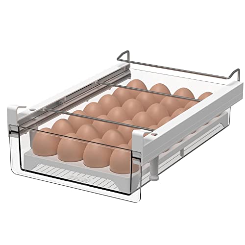 vacane Kühlschrank-Organizer-Behälter, transparent, 28 Gitter, Eierhalter für Kühlschrank, mit Griff, ausziehbare Unterregalschublade für Käse, Delikat-Fleisch, strapazierfähig, L mit Eierablage von vacane