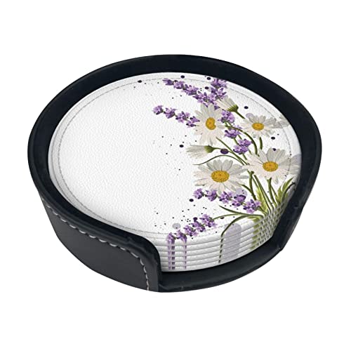 Lavendel und Gänseblümchen Leder Untersetzer für Getränke mit Halter 6er Set Wasserdichte Untersetzer Tisch Schützende Anti-Rutsch-Pads von vacsAX