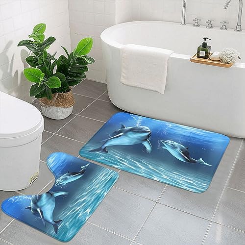 vacsAX Flanell-Badezimmermatten-Set – Badezimmerteppich-Set 2-teilig – perfekt für jedes Badezimmer Delfine im Meer von vacsAX
