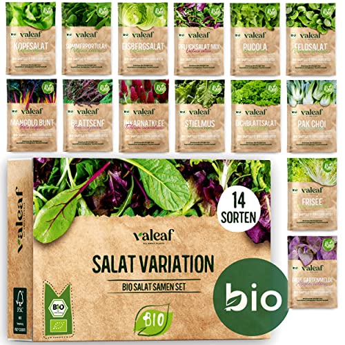 BIO Salat Samen Set - 14 Sorten Salatsamen aus biologischem Anbau I samenfestes Salat Saatgut I Bio Salat Set für Balkon, Garten und Hochbeet I 14er Saatgut Gemüse inkl. Gemüsesamen alte Sorten von valeaf