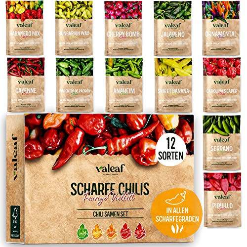 Chili Samen Set I 12 scharfe bis milde Chili Samen Sorten in höchster Qualität I Von Carolina Reaper Samen bis zu seltenen Chili Pflanzen Sorten für Chili Verrückte I Chilli Samen Set von Valeaf von valeaf