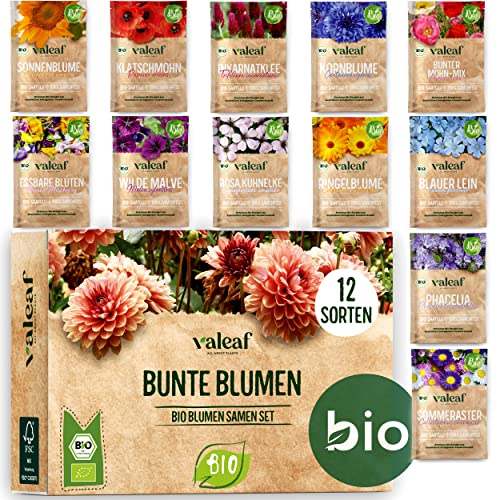 valeaf BIO Blumen Samen Set I 12 Sorten Blumensamen I Premium Samen Blumen I Pflanzensamen Set mit Wildblumensamen I Saatgut Blumen I Blumensaat I Blumen Samen Balkon I ideales Blumensamen Geschenk von valeaf