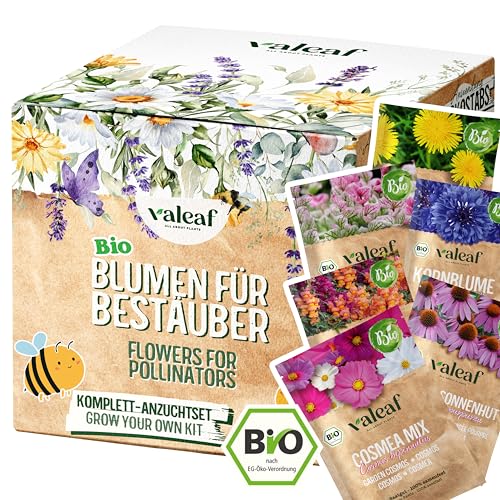 valeaf BIO Blumen Samen Starter Kit I Blumensamen Anzuchtset mit 6 bienenfreundlichen Wildblumen Sorten I Blumen Samen Set mit Blumensaat für den Blumen Garten I Bio Samen Blumen, Flower Seeds Saatgut von valeaf