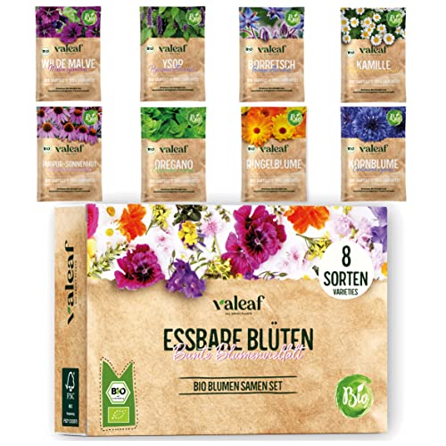 valeaf BIO Essbare Blüten Samen Set I 8 essbare Blumen im Blumen Samen Set I BIO Samen Blumen I Wildblumen Samen I Saatgut Blumen I Blumensaat I Blumen Samen Balkon I ideales Blumensamen Geschenk von valeaf