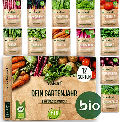 valeaf BIO Gartenjahr Samen Set I Gemüsesamen das ganze Jahr I 12 Monate Samen Gemüse I Gemüsesamen Set für Hochbeet, Balkon und Garten I Samen Set mit Gemüse Saatgut I 12er BIO Pflanzensamen Set von valeaf