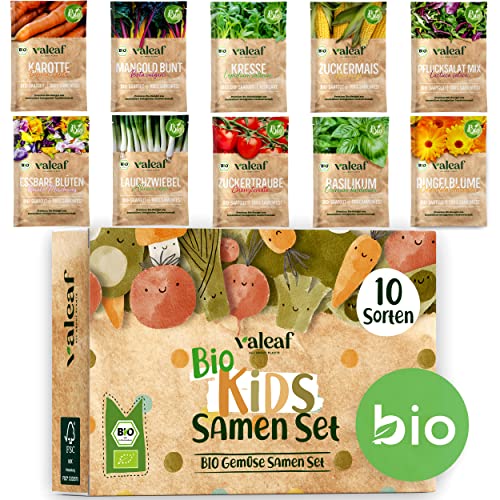 valeaf BIO Gemüse Samen Set für Kinder I Gemüse Anzuchtset m. 10 Sorten Gemüsesamen Pflanzset I Mini Garten Set I Garten Kinder Gemüse Samen als Hochbeet für Kinder I Samen Gemüse Anpflanzset von valeaf