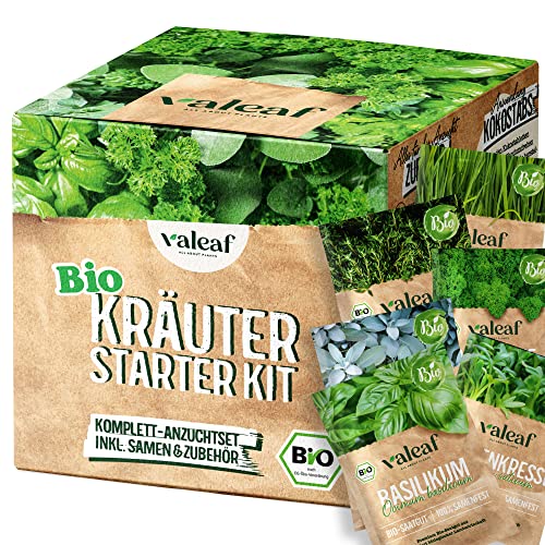valeaf BIO Kräuter Starter Set I Kräuter Anzuchtset m. Bio Kräuter Samen I Kräuter Pflanzset I Küchenkräuter selber züchten I Mini Pflanzset Kräuter Saatgut I Kräutersamen Kit Garten Geschenk von valeaf