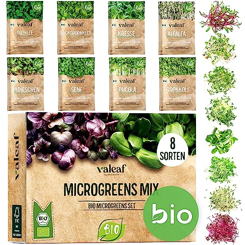 valeaf BIO Microgreens Set I 8 Sorten Sprossen Samen Pflanzset mit Keimsprossen und Microgreens Samen I inkl. Kressesamen, Alfalfa Samen I Samen Anzuchtset Microgreens Kit für Sprossen Keimgerät von valeaf